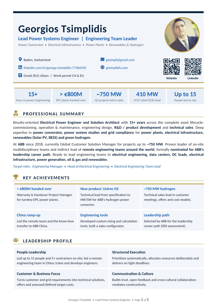 First page of the CV of Georgios Tsimplidis, Lead Power Systems Engineer